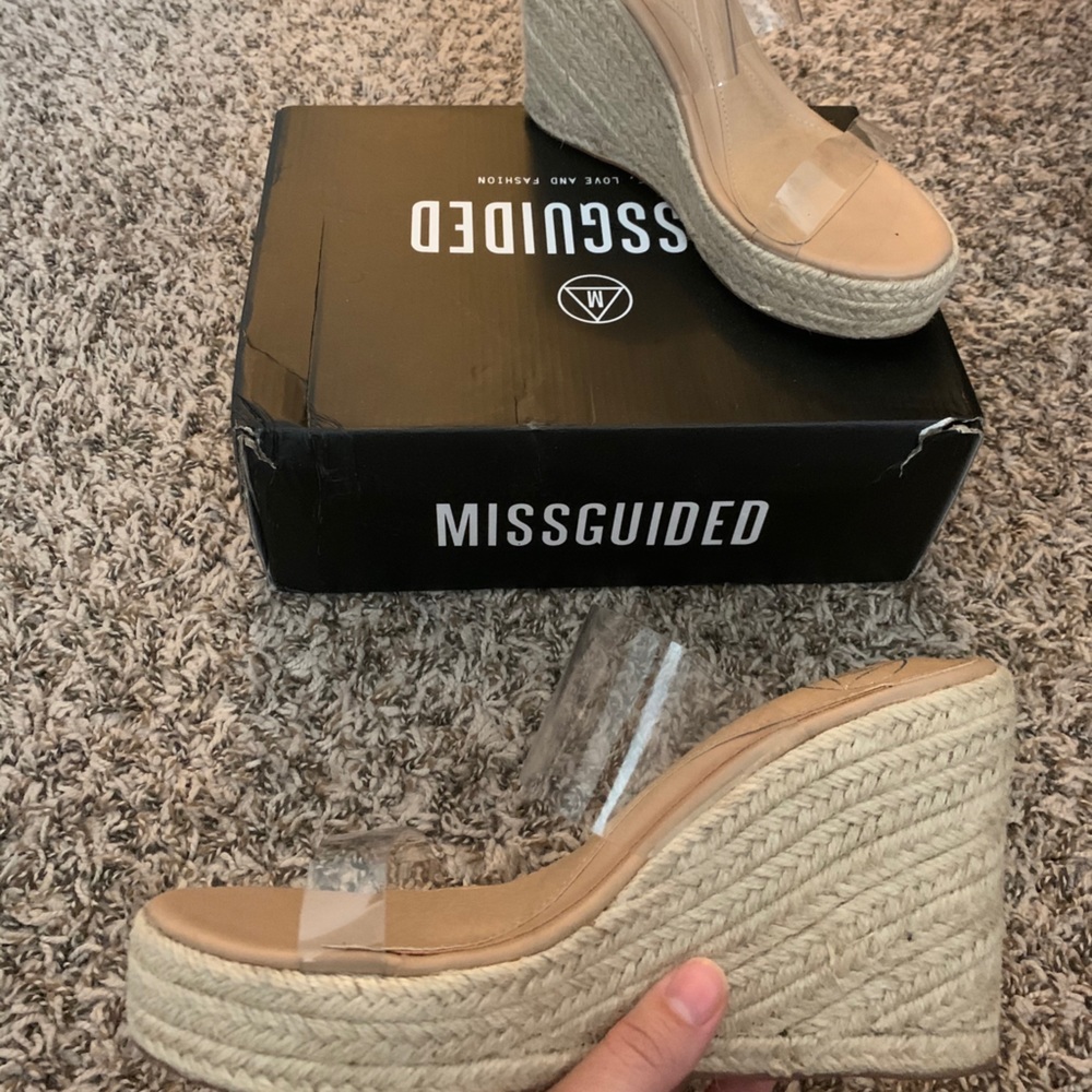 Misguided beige clear double strap wedges